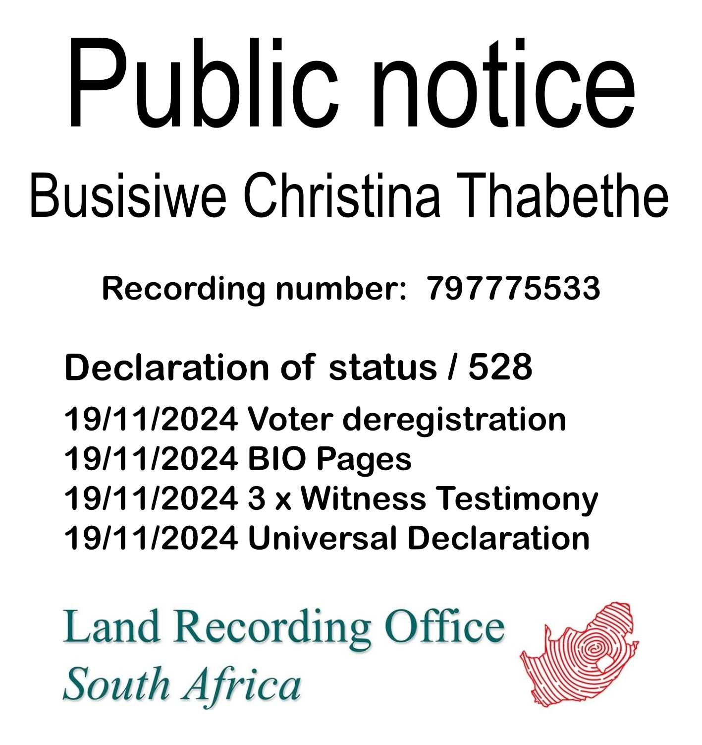 Public Notice Busisiwe Christina Thabethe (c)™ Recording number 797775533